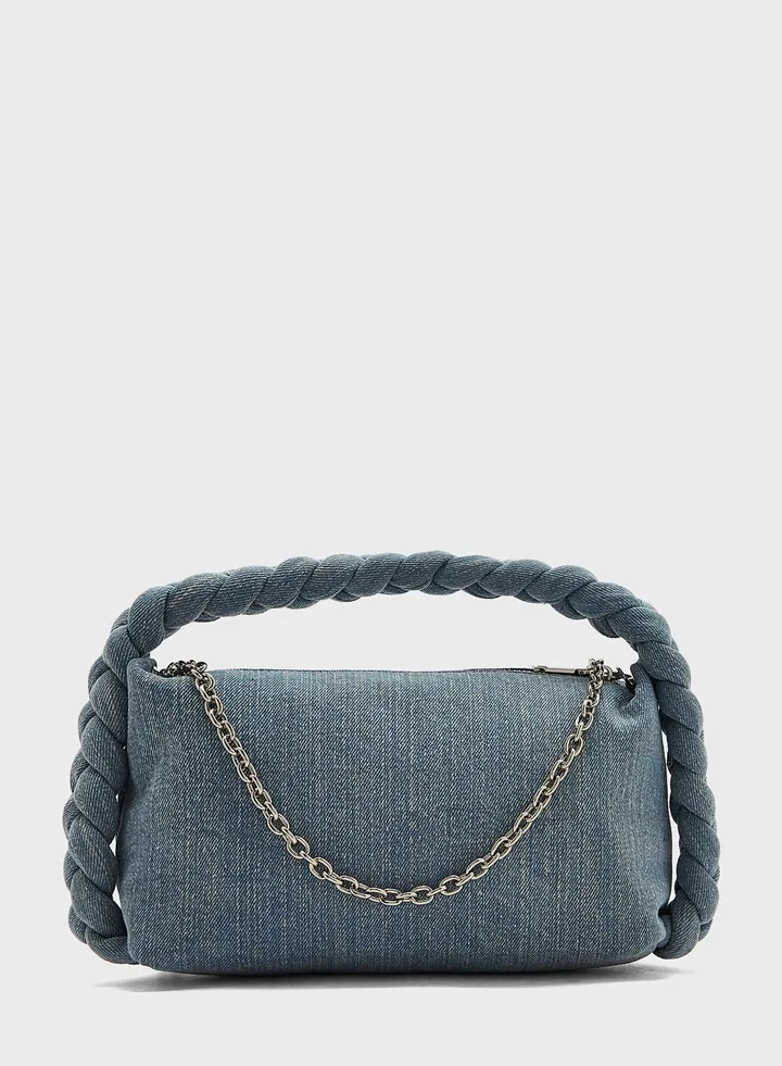 Denim Braided Handle Slouchy Bag