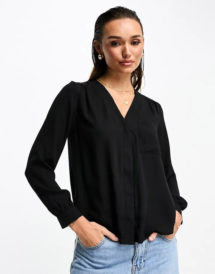 ASOS DESIGN long sleeve blouse with pocket detail in Black