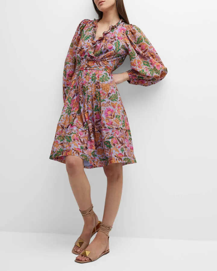 Vera Floral-Print Blouson-Sleeve Midi Dress