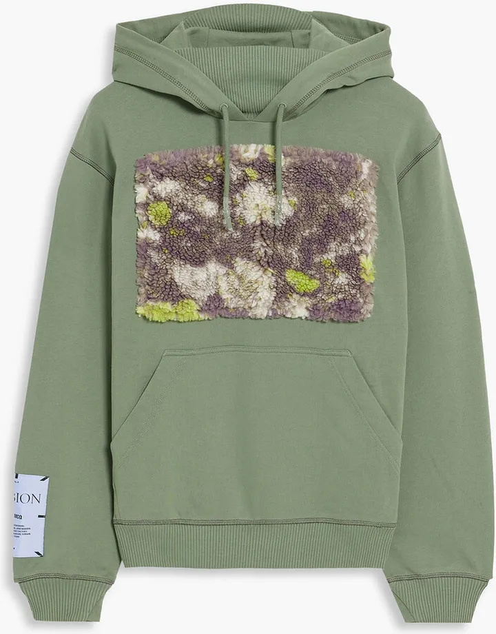 Printed faux shearling-paneled French cotton-terry hoodie
