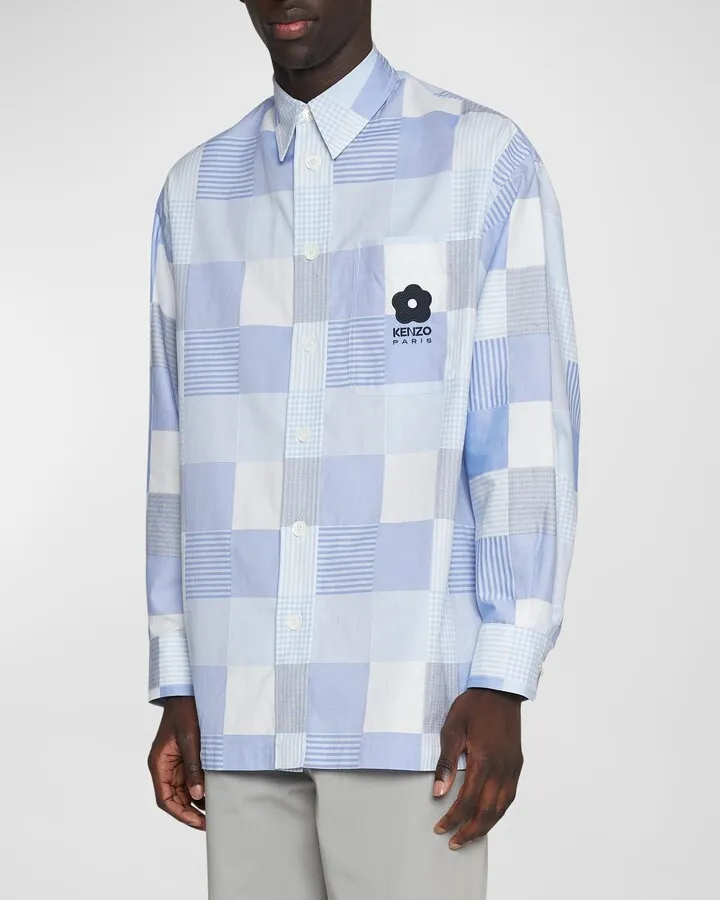 Men's Logo-Embroidered Patchwork Oversized Sport Shirt