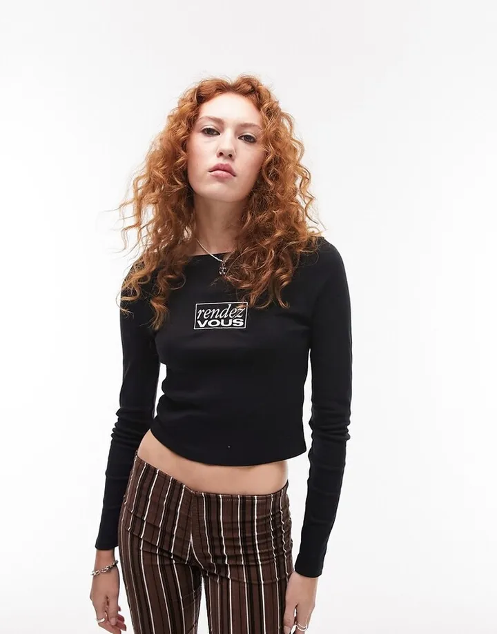 Topshop graphic embroidered rendez vous long sleeve baby tee in black