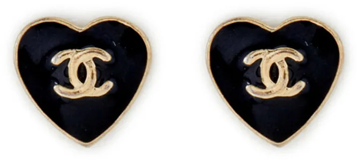 Black Enamel Heart CC Logo Earrings