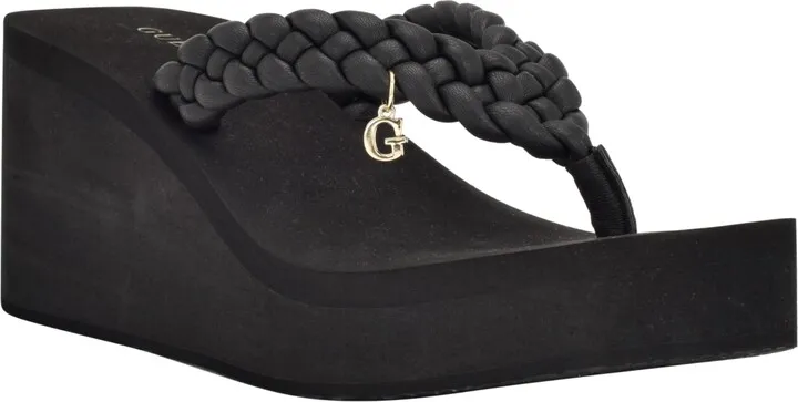 Guess Women's Daber Braided Thong Mid Wedge Eva G Charm Sandal Women's Shoes