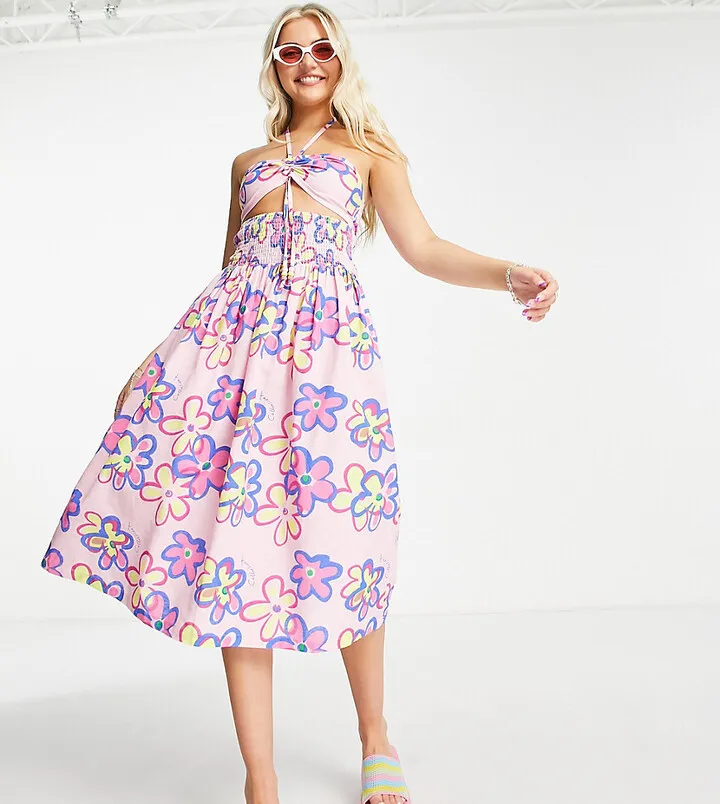 COLLUSION bandeau cut out detail midi dress in pink floral