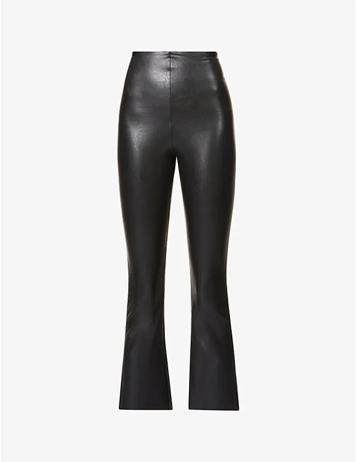 Womens Black Cropped Flared High-rise Faux-leather Trousers