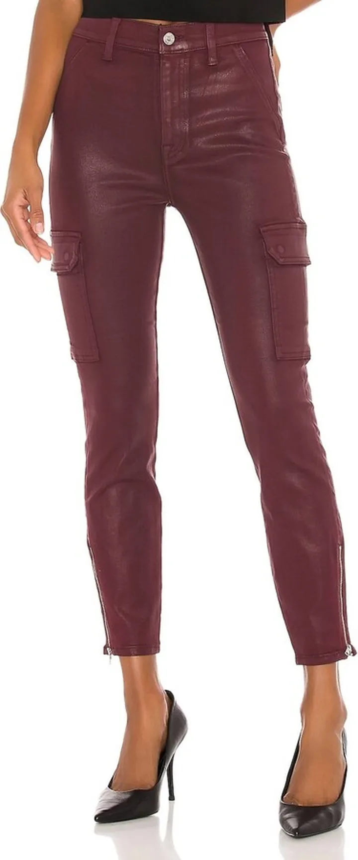 Skinny Cargo With Faux Front Pockets in Merlot Coated