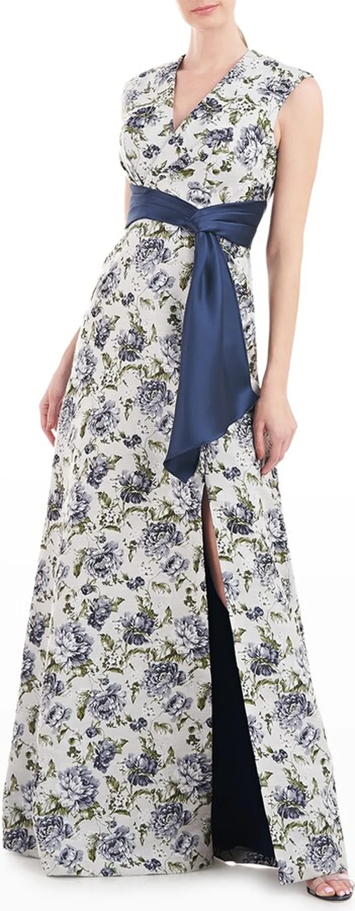 Ansley Draped Floral-Print A-Line Gown