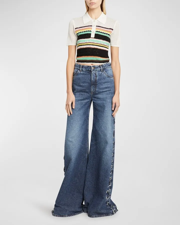 Striped Crochet Crop Polo Shirt