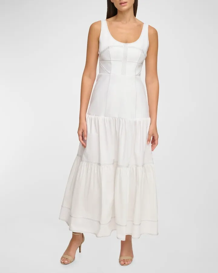 Sleeveless Topstitch Cotton Poplin Maxi Dress