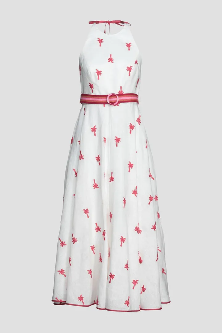 Belted embroidered linen halterneck midi dress