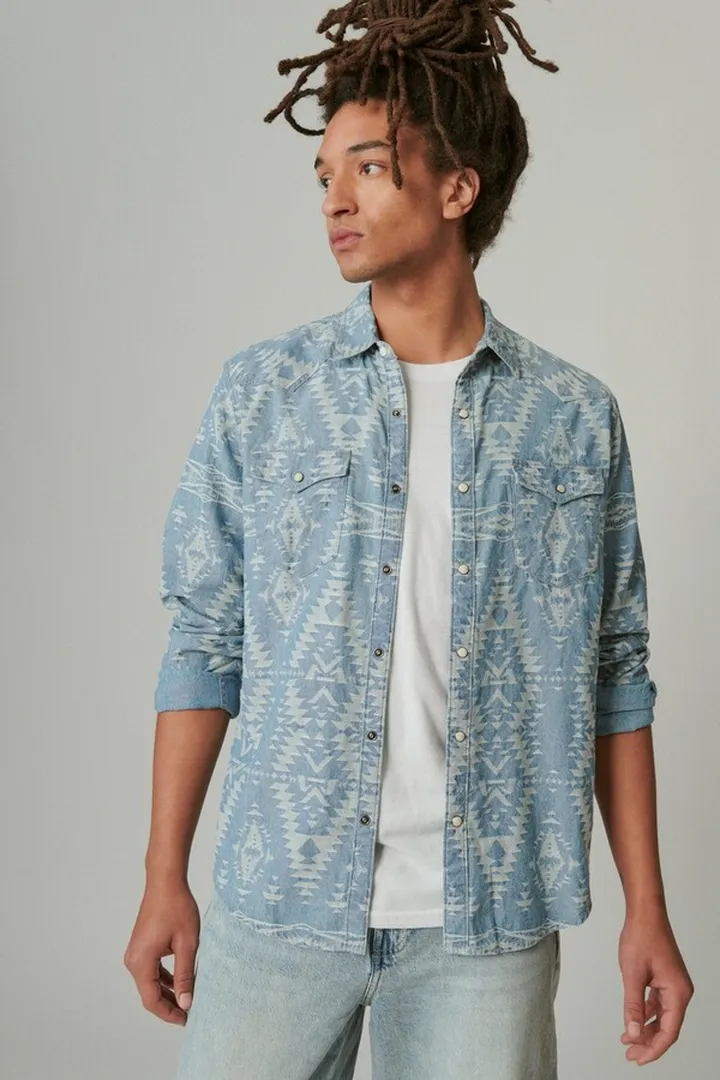 Indigo Jacquard Long Sleeve Western Shirt
