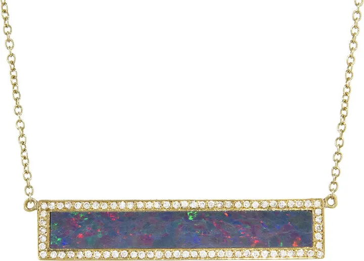 Opal Inlay Diamond Bar Yellow Gold Necklace