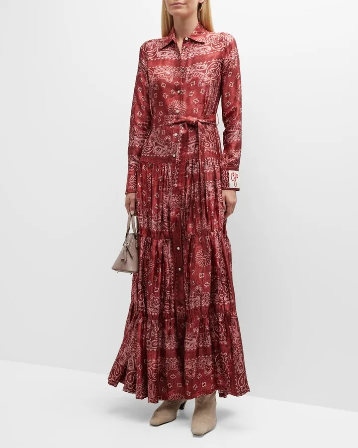 Golden Paisley-Print Long Dress