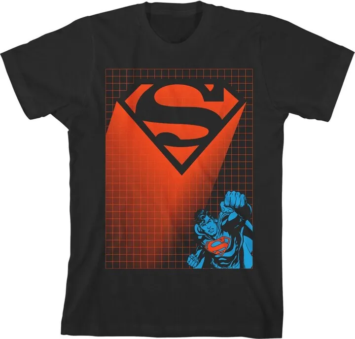 Superman Orange Logo Grid Lines Boy’s Black T-shirt-Large