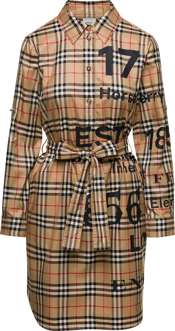Beige Vintage Trench Coat With Check-print All-over In Cotton Woman