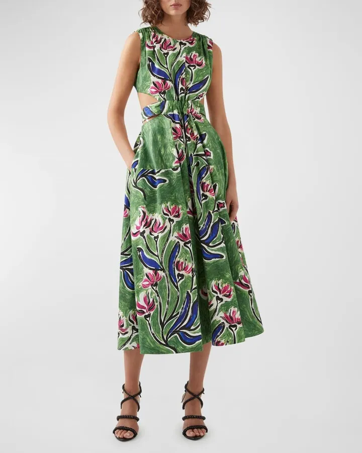 Zorina Tie-Back Cutout Floral Cotton Midi Dress
