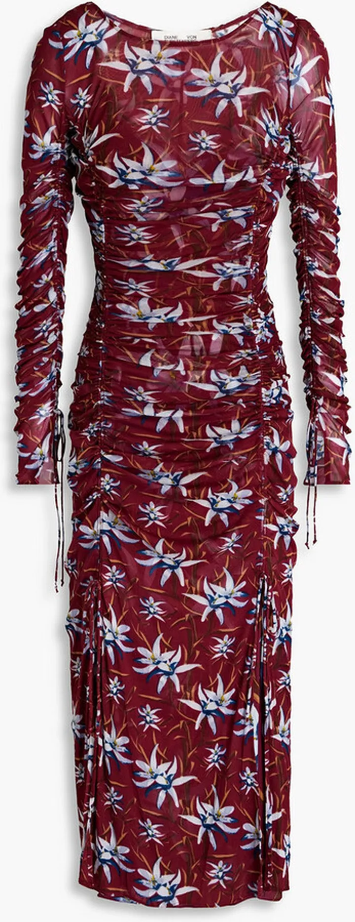 Corinne ruched floral-print mesh midi dress