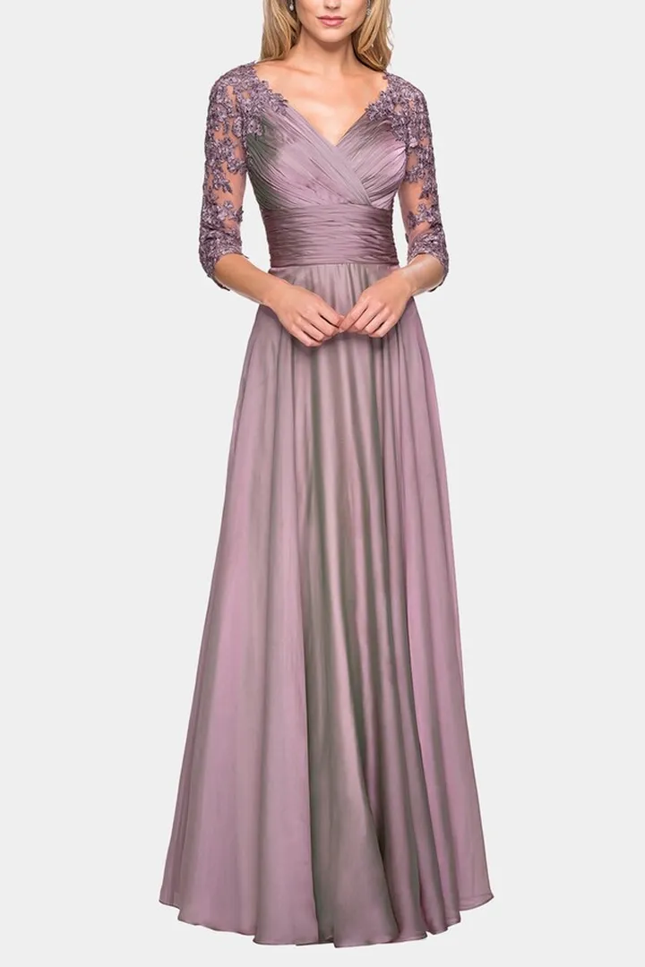 Floor Length Chiffon Dress Lace Sleeves
