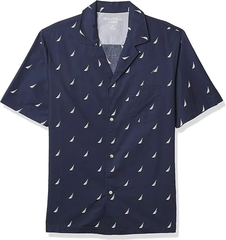 Nautica Men's Short Sleeve 100% Cotton Soft Woven Button Down Pajama Top (Peacoat) Men's Pajama Sets