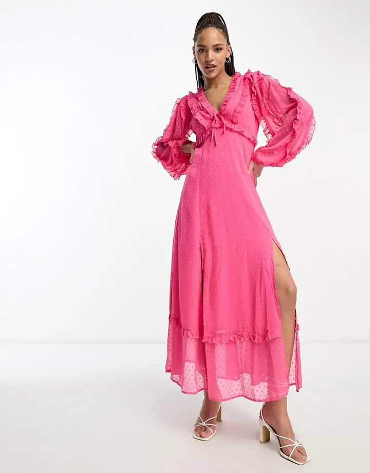 Miss Selfridge textured chiffon ruffle detail maxi dress in hot pink
