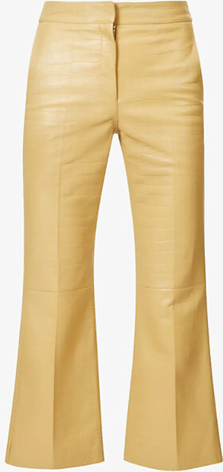 Womens Light Pastel Beige Croc-pattern Straight-leg Mid-rise Leather Trousers