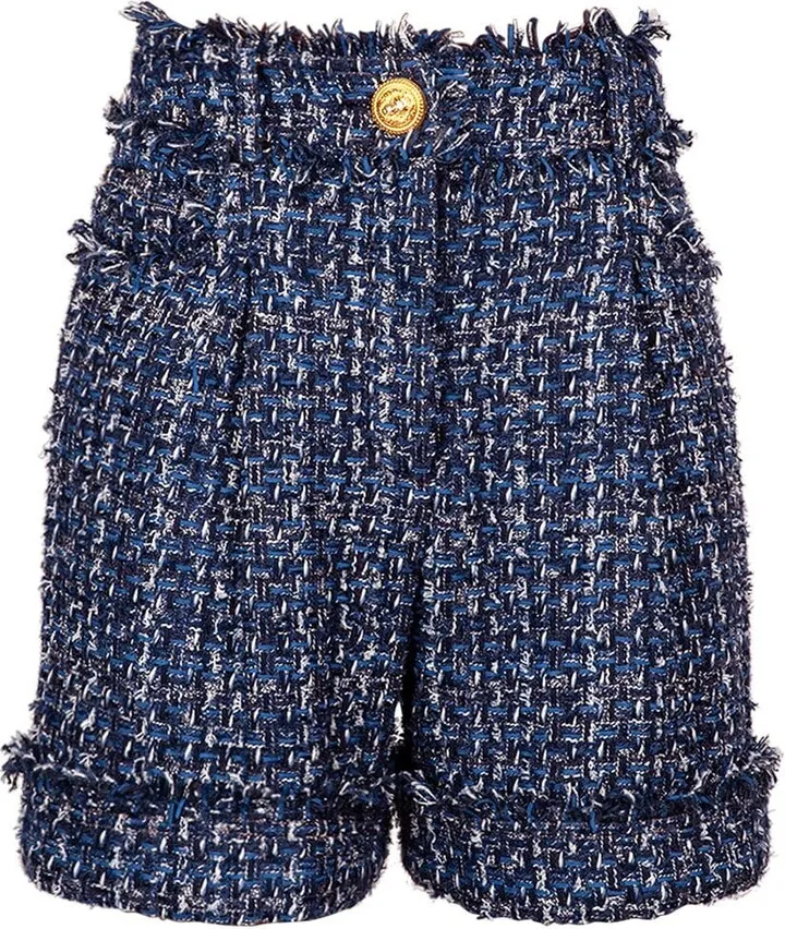 Cotton blend tweed denim mini shorts
