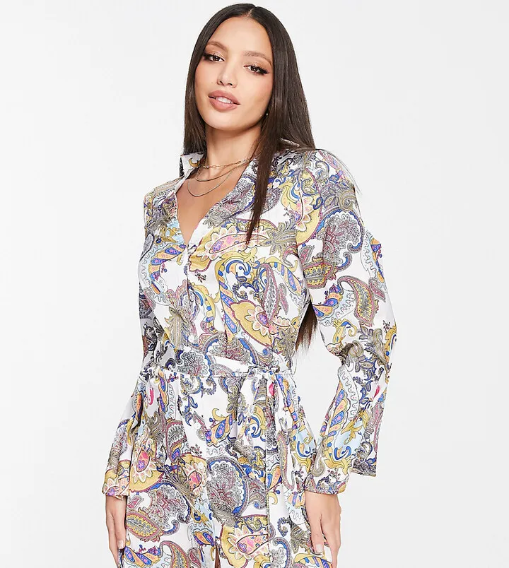 Parisian Tall tie waist satin shirt dress in paisley