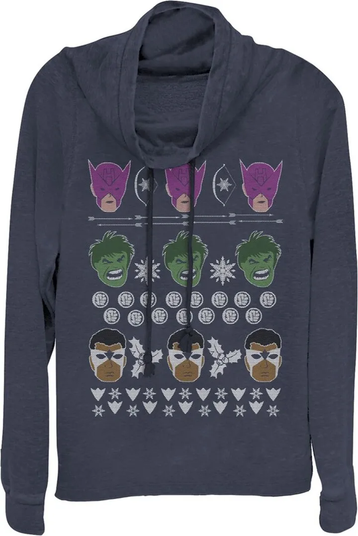 Junior's Marvel Ugly Christmas Avengers Cowl Neck Sweatshirt - Navy Blue - X Small