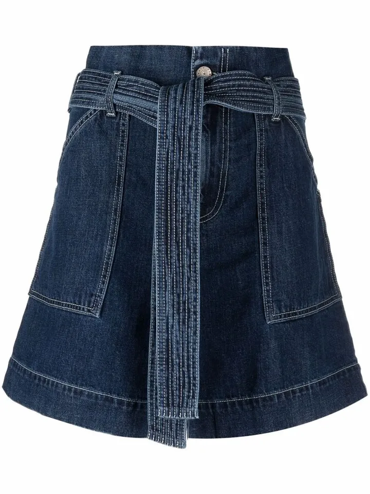 Tied-Belt Paperbag-Waist Denim Shorts