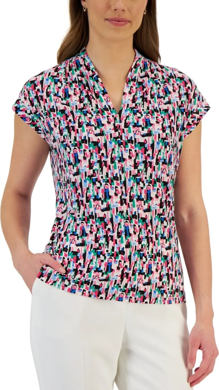 Kasper Petite Printed V-Neck Cap-Sleeve Top