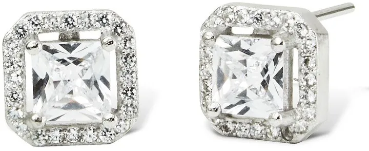 Sterling Silver Asher Cut Halo CZ Stud Earrings