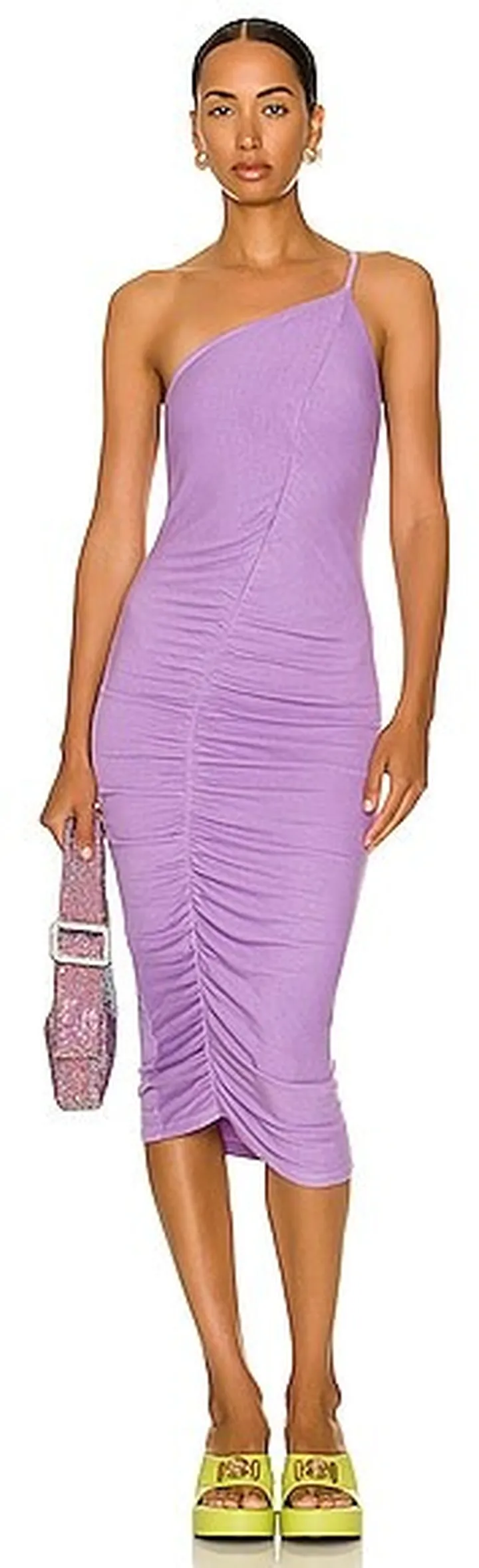 Enza Costa for FWRD One Shoulder Ruched Midi Dress in Lavender