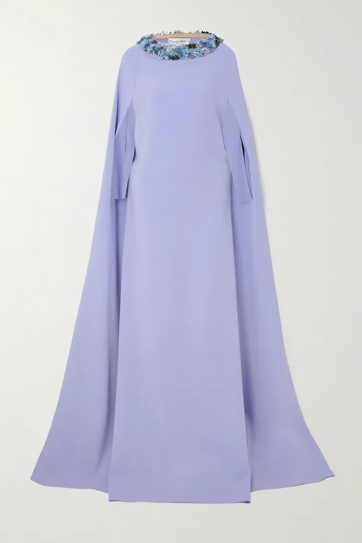 Oscar de la Renta - Cape-effect Crystal-embellished Stretch-silk Gown - Blue