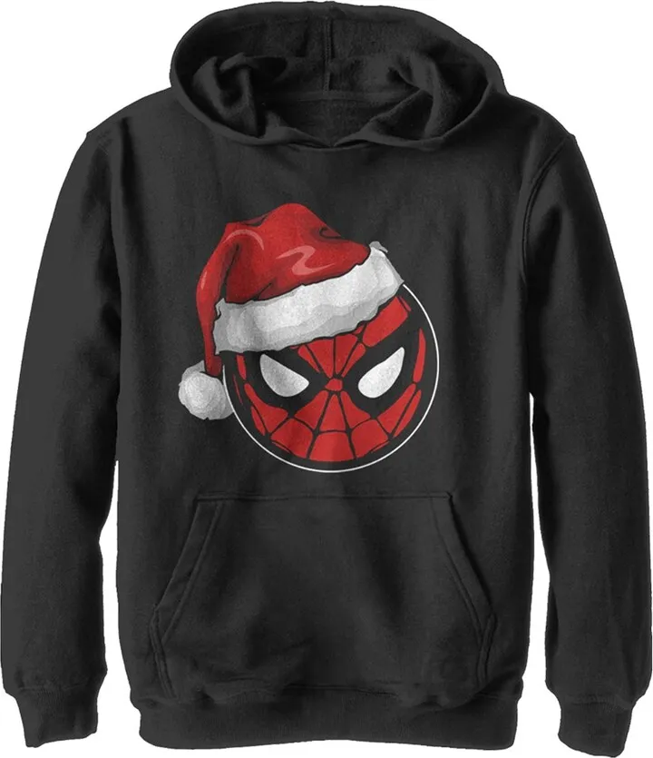 Boy's Marvel Christmas Spider-Man Santa Hat Pull Over Hoodie - Black - X Large