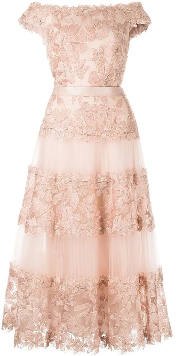 Floral-Embroidered Flared Midi Dress