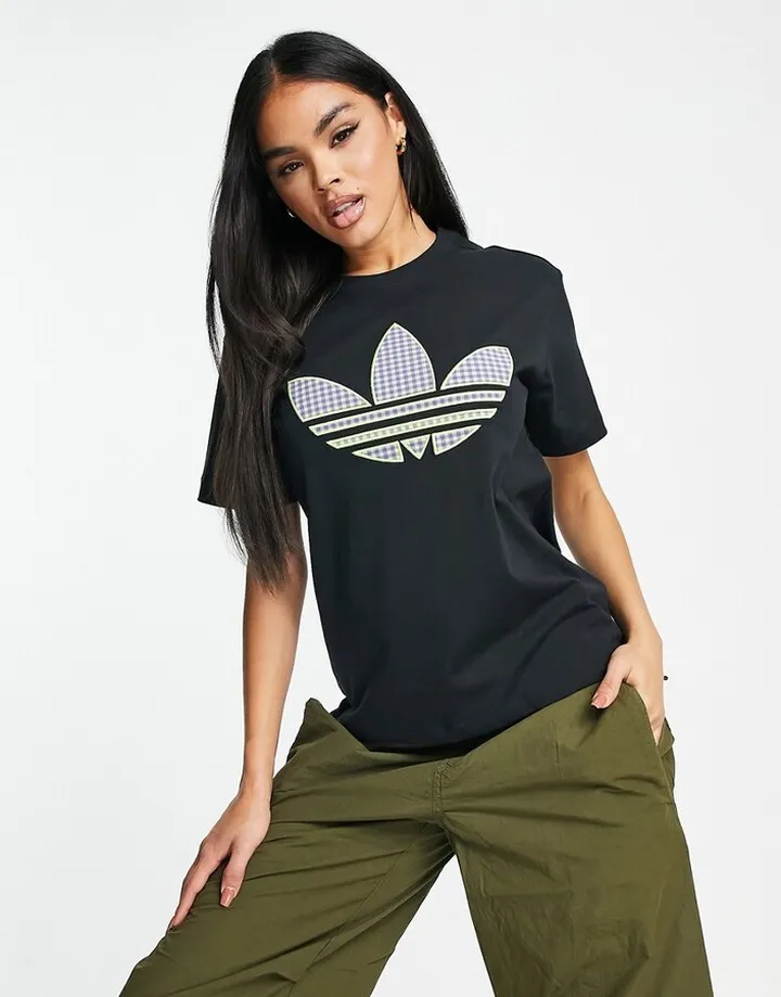 adidas Originals large trefoil t-shirt with gingham print in black