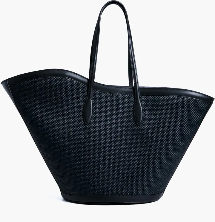 Black Raffia and Leather Open Tulip Large Tote