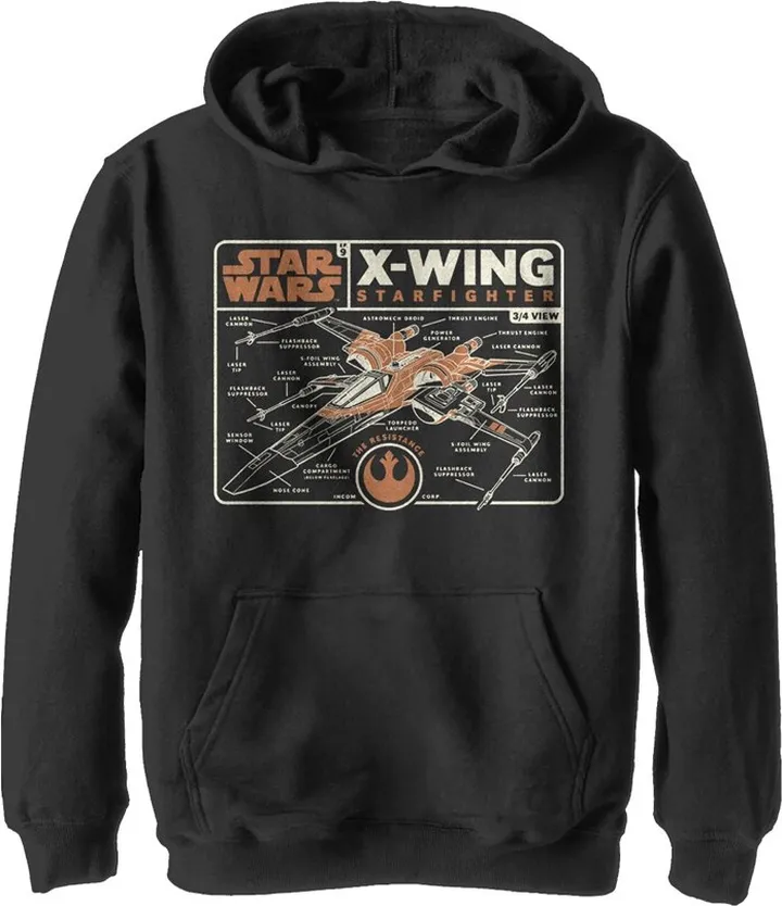 Boy's Star Wars: The Rise of Skywalker X-Wing Schematic Frame Pull Over Hoodie - Black - Medium