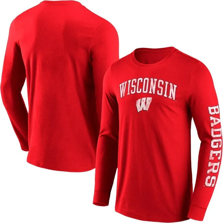 Men's Fanatics Branded Red Wisconsin Badgers Distressed Arch Over Logo 2.0 Long Sleeve T-shirt