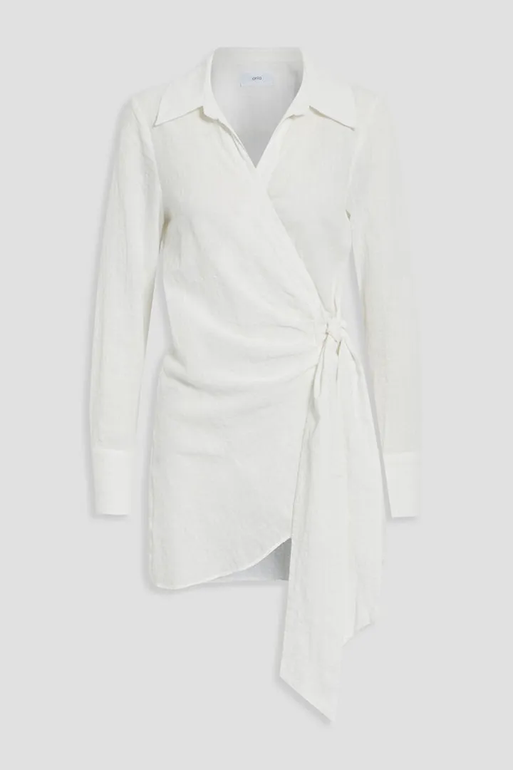 Cotton-blend seersucker wrap blouse
