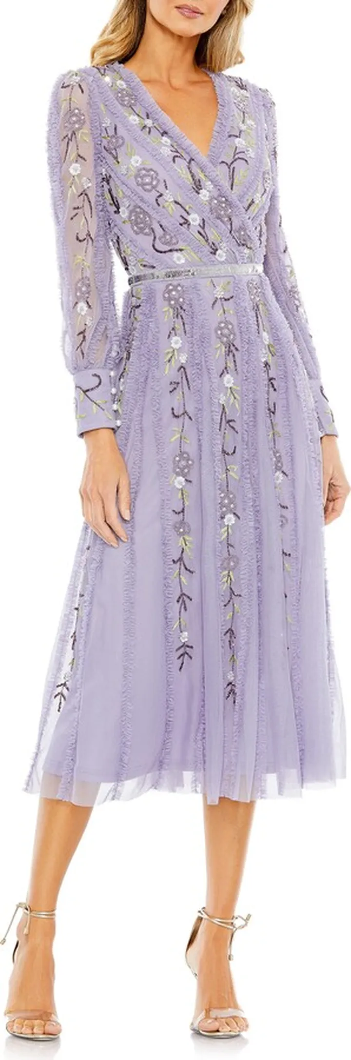 Beaded Floral Long Sleeve Cocktail Dress