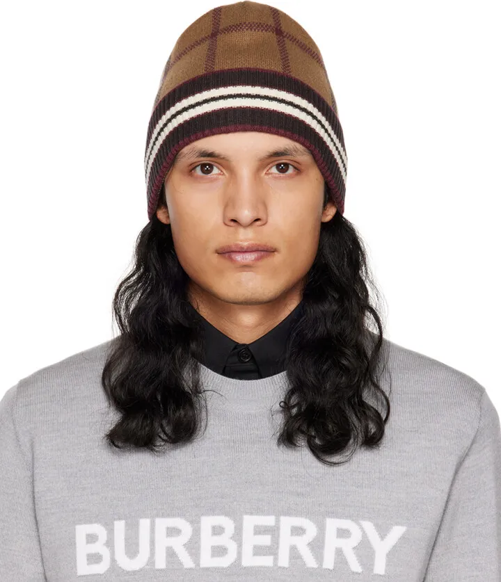 Burberry Brown Check & Stripe Beanie