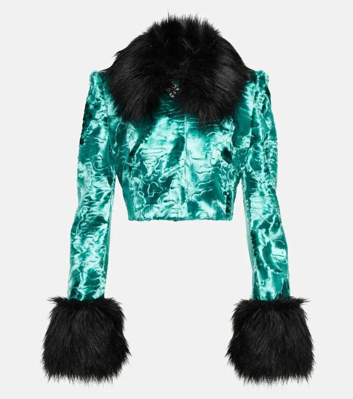 Faux fur-trimmed velvet cropped jacket