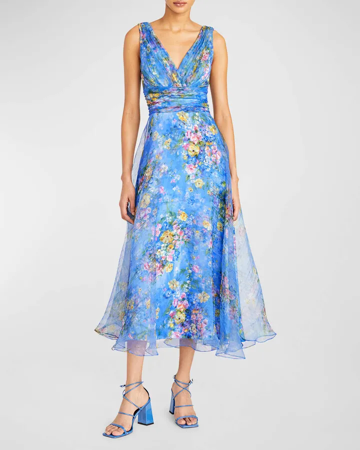 Azalea Floral-Print Organza Midi Dress