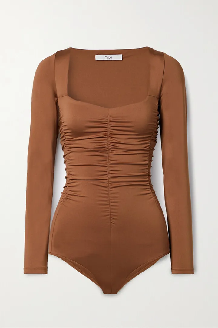 Tibi - Ruched Stretch-satin Jersey Bodysuit - Brown