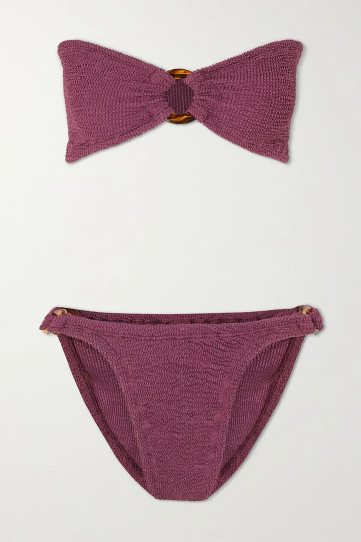 Hunza G - + Net Sustain Gloria Embellished Metallic Seersucker Bandeau Bikini - Purple