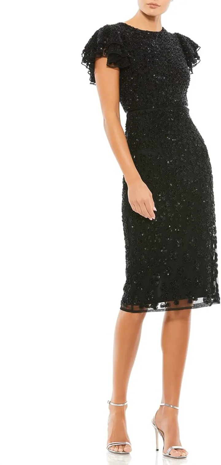 Beaded Floral Ruffle Sleeve Sheath Cocktail Dress