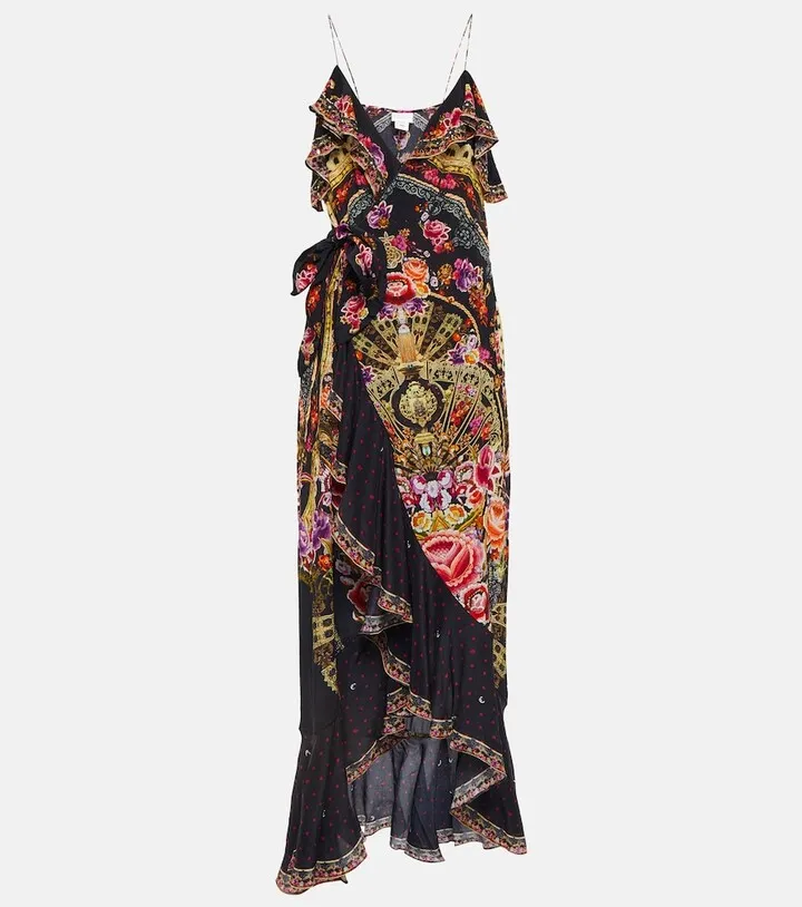 Embellished silk wrap midi dress