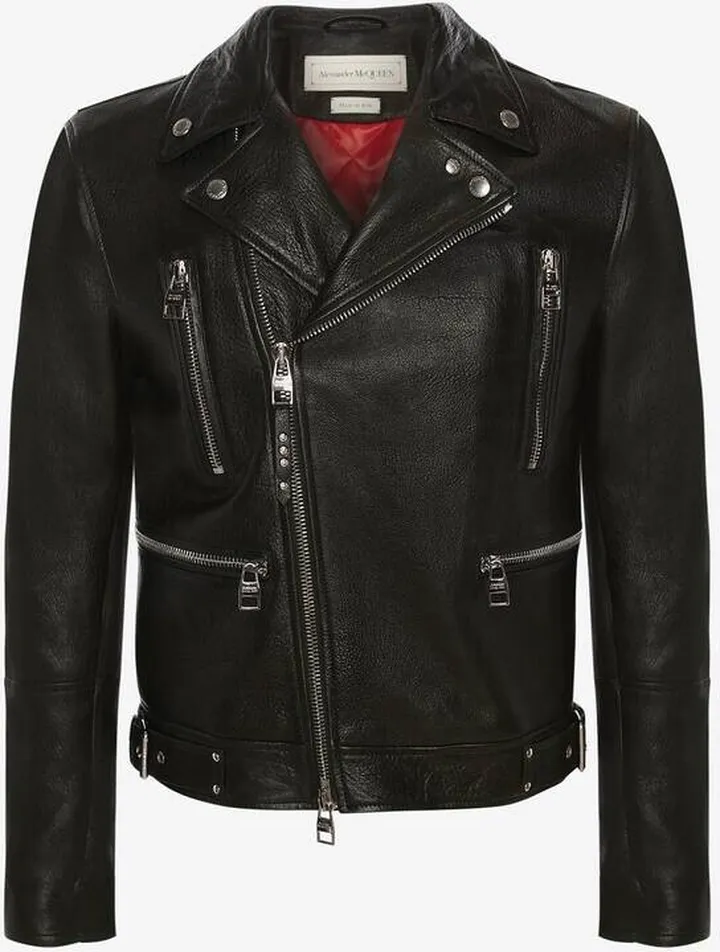 Men's Mcqueen Classic Leather Biker Jacket In Black